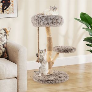 Tiragraffi per Gatti Grande a 3 Livelli in Legno Naturale di Pero Massiccio 49,5x90 cm con Tiragraffi in Juta e Giocattoli per Gatti in Peluche Lungo per Soggiorno - Product Image 2