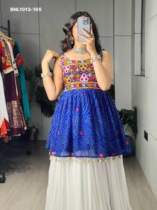 Festival wear Rayon Cotton with Plain & Frilled Flared <b>White</b> <b>Lehenga</b>-Bandhani Print & Embroidery Kediya Top Pair Indian Exporter - Product Image 3