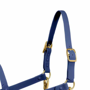 Harnais de cheval en cuir bleu avec boucles dorées et sangles réglables - Product Image 6