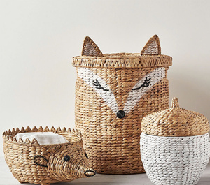 Creative Design Round Handwoven Water Hyacinth Storage Basket With Fox Face Design For <b>Kids</b> Bedroom Organizing Wholesale - Product Image 3