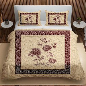 Sábana de Algodón King Size con Panel Floral Color Marrón Crema Shahi Gharana | Juego de Ropa de Cama Doble de 3 Piezas con Fundas de Almohada Suaves Estampadas - Product Image 1