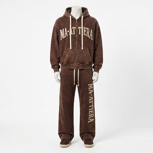 Custom Men <b>Brown</b> Acid Wash Zip Up Hoodie <b>Jogger</b> Set Cotton Fleece Streetwear Tracksuit OEM Wholesale - Product Image 4