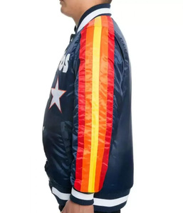 Chaqueta Varsity Personalizada Azul Marino para Hombre, Estilo Vintage con Parches de Estrellas, Chaqueta Bomber Retro con Franjas de Arcoíris en las Mangas, Uniforme de Béisbol, Ropa Deportiva - Product Image 4