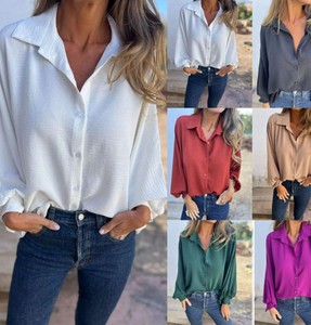 Chemisier uni à col rabattu pour femme, manches raglan, boutons sur le devant, printemps, été, automne - Product Image 2