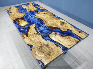Table à manger en bois époxy bleu océan, bord naturel, design moderne, fabrication artisanale, plateau en bois époxy durable, mobilier de salle à manger, 6 places - Product Image 4