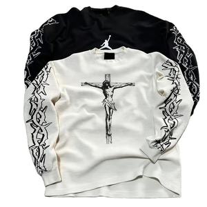 เสื้อยืดพิมพ์ลายกราฟิกแบบ DTG สีขาว เสื้อแขนยาวผ้าเทอร์มอลสำหรับผู้ชาย เสื้อยืดแขนยาวทรงโอเวอร์ไซส์ผ้าวาฟเฟิล - Product Image 1