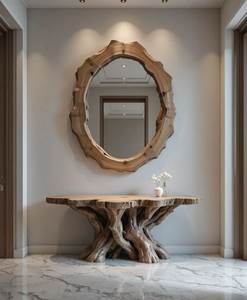 Espejo de Pared Redondo Irregular de Madera Estilo Wabi-Sabi, Espejo Decorativo Hecho a Mano con Marco para Sala de Estar, Dormitorio o Entrada - Product Image 1