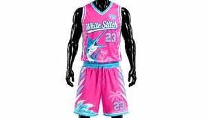 Ensemble de maillot de basket-ball rose pour femme White Stitch, impression par transfert thermique, col rond, sans manches, short, séchage rapide, respirant - Product Image 2