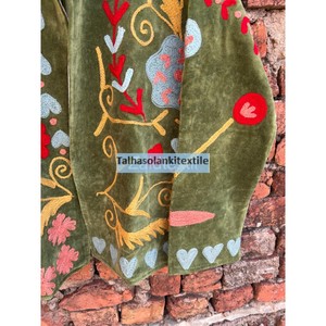 Veste en velours vert bouteille brodée Suzani, faite à la main, hiver, unisexe, automne, style bohème chic - Product Image 2