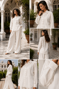 ชุดเซ็ตผู้หญิงสำหรับฤดูร้อน ผ้าฝ้ายทอ 100% สีพื้น ใส่ได้ทุกวัน - เสื้อเชิ้ตสีขาวติดกระดุมสุดหรู & กางเกงขายาวทรงหลวม สไตล์ลำลอง ชุดสองชิ้น - Product Image 5