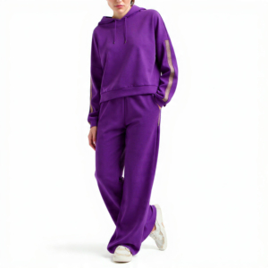 Conjunto Deportivo de Pantalón Ancho y Sudadera Corta para Mujer, con Franja Lateral Metálica y Logotipo Personalizado / Conjunto de 2 Piezas para Descansar - Product Image 6