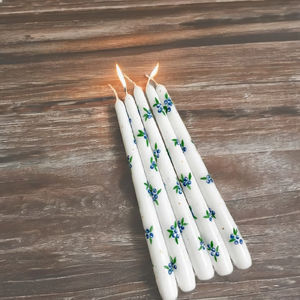 Premium White Soy Wax Taper <b>Candles</b> with Delicate <b>Blue</b> Floral Patterns and Green Leaves Refined Artistic Look for Christmas - Product Image 5