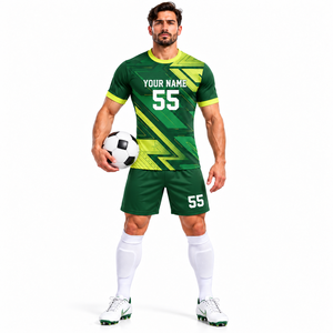 Uniforme de Fútbol Personalizado Verde Bosque con Detalles en Verde Lima, Conjunto de Camiseta y Pantalones Cortos para Hombre, Venta al Por Mayor - Product Image 1