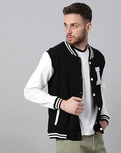 Blouson universitaire homme noir et blanc avec imprimé lettre I, en polaire, décontracté, coupe droite, col rabattu, simple boutonnage, pour l'automne - Product Image 3