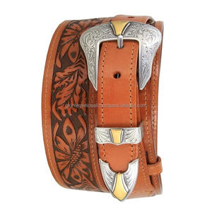Ceinture d'outillage en cuir western pour hommes en relief floral sculpté à la main à une seule couche de grain avec ensemble de boucles florales de 3 pièces de créateur - Product Image 1