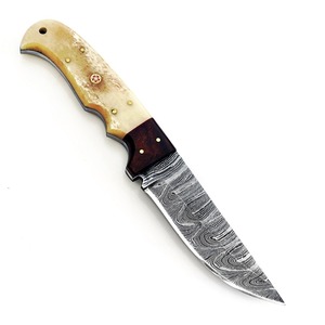 Couteau de chasse artisanal à lame droite en acier Damas, manche en os et bois, avec étui en cuir - Product Image 1