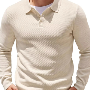 Men's Long Sleeve Knit Shirt Regular Fit Pullover Solid Color Geometric Pattern Winter Business Button-<b>Down</b> Beige L - Product Image 1
