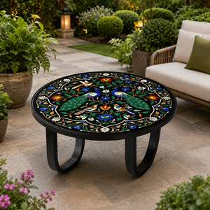 Mesa de Centro de Lujo Moderna Redonda con Incrustaciones de Mármol Negro y Diseño de Pájaro, Hecha a Mano, Ecológica, con Piedra Dura, para Decoración del Hogar - Product Image 3