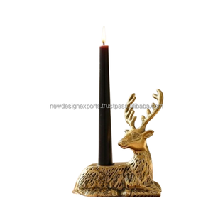 Artisanal <b>Reclining</b> Deer Taper Holder – Handcrafted Gold Finish Aluminum Sculpture - Product Image 1