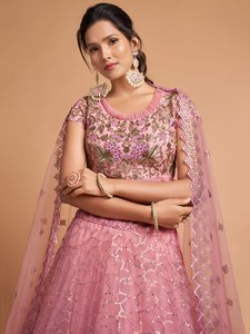 Pink Satin Maxi Net Evening Dress Set <b>Sequin</b> Embroidered A-Line Lehenga Blouse and Dupatta Wedding <b>Party</b> Outfit - Product Image 5