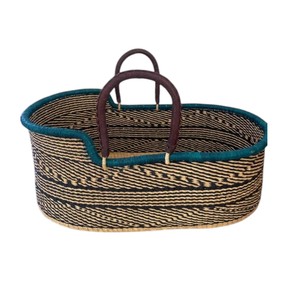 Panier à langer élégant en jonc de mer à rayures diagonales, équipé de poignées en cuir de luxe, pour panier à langer en rotin pour enfant. - Product Image 1