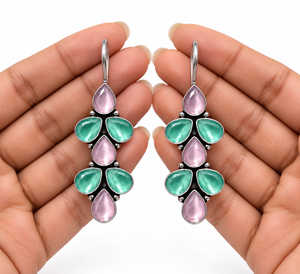 Boucles d'oreilles pendantes en argent oxydé multi-pierres, motif floral, pour femmes, bijoux en gros - Product Image 1