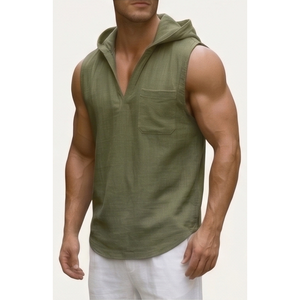 Camiseta sin mangas con capucha para hombre al por mayor, sudadera sin mangas para gimnasio, camiseta de entrenamiento muscular, chaleco de fitness para culturismo, ropa deportiva con logo personalizado. - Product Image 2