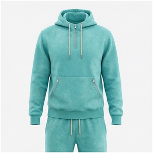 Conjunto Deportivo Unisex Color Verde Azulado con Capucha, Cierre Frontal con Cremallera, Bolsillos Laterales, Color Sólido, Transpirable, Informal, para Otoño, Corte Regular - Product Image 1