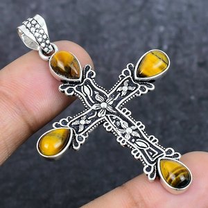 Colgante Étnico Bohemio de Plata Tibetana Antigua con Cruz, Gemas Naturales de Ojo de Tigre en Forma de Pera, Amuleto Religioso Unisex - Product Image 2