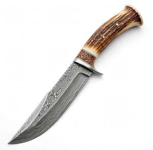 Couteau utilitaire à lame fixe en acier Damas fait main avec manche en bois de cerf et étui en cuir - Product Image 6