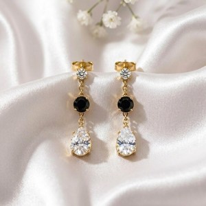 Minimalist White Topaz <b>Black</b> Obsidian <b>Earrings</b> Pear Drop CZ Accent Gemstone Dangle <b>Stud</b> <b>Earrings</b> Elegant Fine <b>Stud</b> <b>Earrings</b> - Product Image 1