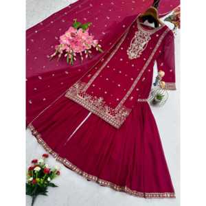 Conjunto de Salwar Kameez de Poliéster de Diseño, Hermoso Atuendo para Fiesta, Top, Sharara y Dupatta - Product Image 4