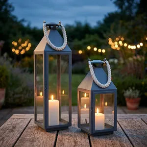 Farol Moderno de Metal y Vidrio con Asas de Cuerda, Elegantes Portavelas para Decoración de Jardín, Patio y Hogar - Product Image 4