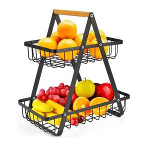 Modern 2 Tier Black Metal Fruit Basket C Frame Kitchen Countertop Storage <b>Rack</b> Double Level Fruit Holder Vegetable Display Stand - Product Image 1