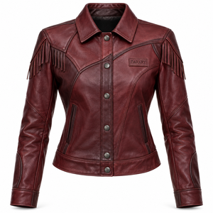 <b>Womens</b> Burgundy Fringe Real Leather <b>Jacket</b> Western Style Cropped <b>Tassel</b> Snap Coat Factory Odm - Product Image 1