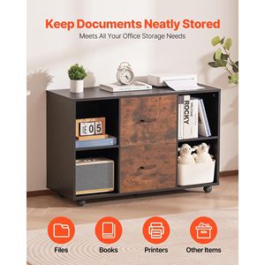 Armadietto Portadocumenti Mobile in Legno a 2 Cassetti con Ripiani Aperti e Serratura, Archivio Laterale con Ruote e Design Moderno - Product Image 2