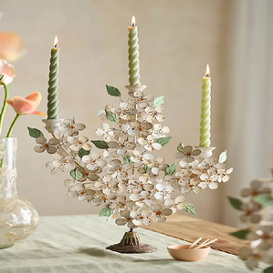 Vintage <b>brass</b> five arm candelabra showcasing delicate floral petals and metal leaves, available at wholesale prices. - Product Image 3