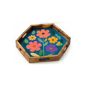 Oval <b>Wood</b> Serving <b>Tray</b> With Purple Heart Geometric Pattern Laminated Finish Handle Residential Use - Product Image 2