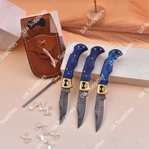 มีดพับเหล็กดามัสกัสคุณภาพสูง ด้ามไม้ปักก้าสีน้ำเงินฝังลายทองเหลือง พร้อมปลอกมีด EDC สำหรับพกพา - Product Image 4