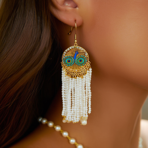 Peacock Motif Bohemian Hoop Earrings with Pearl Tassel for Party - Product Image 3