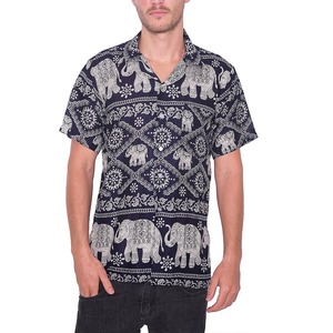 Chemise décontractée à manches courtes pour homme, bleu marine, imprimé éléphant, popeline respirante, col rabattu, style été - Product Image 4