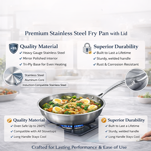Premium Tri-Ply Stainless Steel Non-Stick Fry <b>Pan</b> with Lid Durable Long Handle for Gas Cooker Frying & Sauting 22 cm - Product Image 2