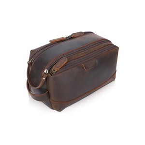 Trousse de Toilette Grande en Cuir de Buffle Véritable Marron Foncé, Imperméable, Double Fermeture Éclair, Idéale pour Cadeau de Garçons d'Honneur - Product Image 1