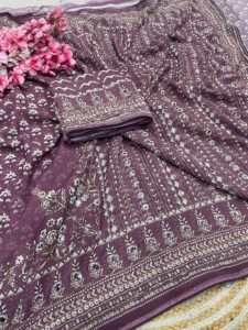 Sari de georgette con hermosos estampados de diseño, con trabajo Khatli y trabajo de espejo original, con blusa de georgette. - Product Image 5
