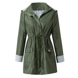 Women Hooded <b>Rain</b> <b>Jacket</b> Drawstring Waist Striped Lined Waterproof Mid Length Outdoor Ladies Coat Navy Red Olive Raincoat - Product Image 6