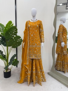 Modern Heavy Foux Georgette Fancy Embroidery Quick Dry Work Plazzo <b>Kurti</b> Dupatta Set Women Wedding Casual Wear Plus Size Salwar - Product Image 2