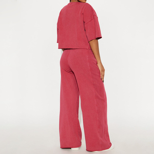 2026 Summer Acid Washed Ribbed Stretchy Loose Fit Women's Jogger <b>Sets</b> Short Sleeve Crop Top Jogger Pants <b>Set</b> Women 2Pieces <b>Sets</b> - Product Image 2