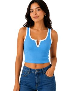 Sky Blue Women Ribbed Crop Tank Top White Trim Sleeveless V Neck Slim Fit Casual Summer Stretch Cotton Vest Fashion Ladies Tops - Product Image 1