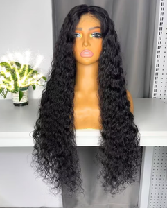 Perruque sans colle en cheveux humains, ondulations profondes, noir naturel, avec dentelle frontale pour femmes, pré-épilée, avec baby hair - Product Image 1