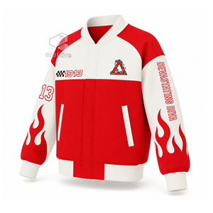 เดลต้า |   ซิกมา |   เสื้อแจ็คเก็ตวาร์ซิตี้สำหรับผู้หญิง Theta DST Sorority สีแดงขาว ติดกระดุมแบบ Snap  ทรงมอเตอร์ไซค์  ลายเปลวไฟ - Product Image 2